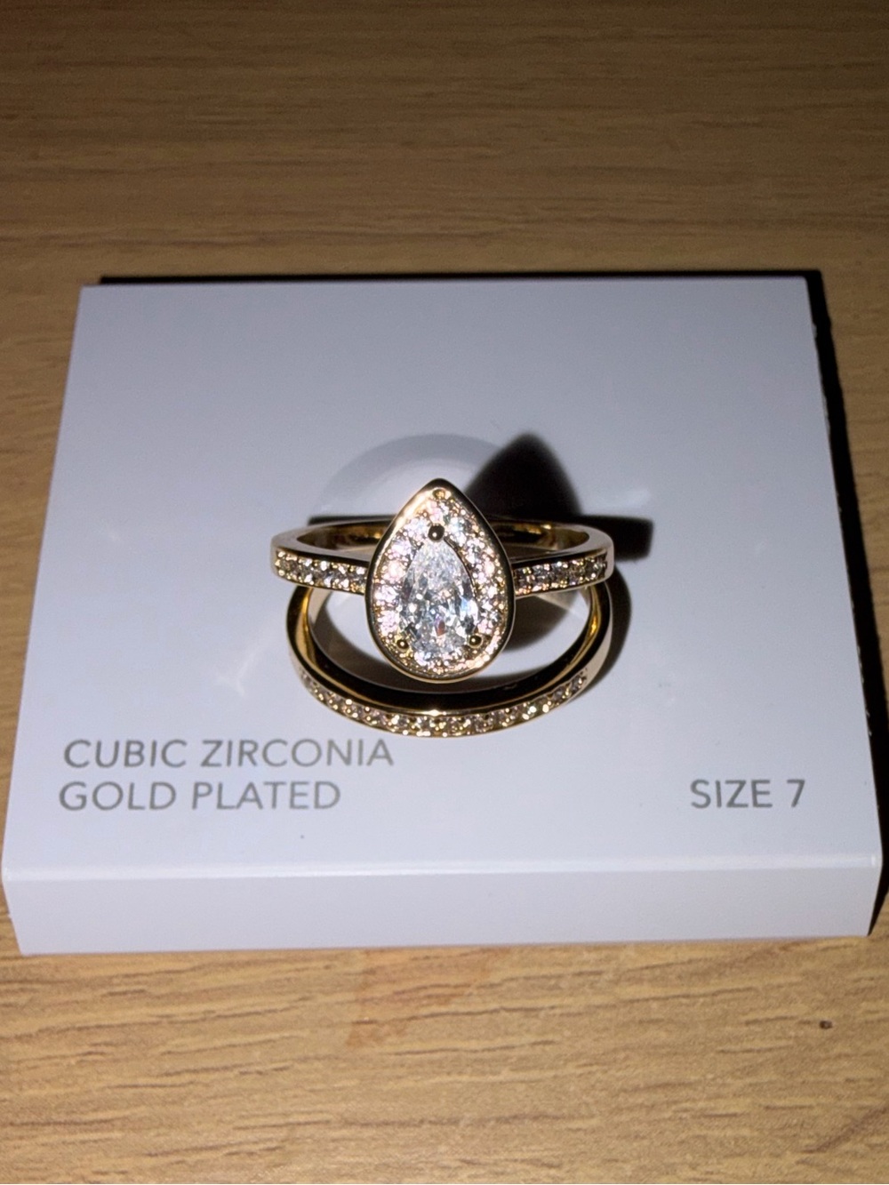 Gold-Plated Teardrop Cubic Zirconia Ring Set - Size 7